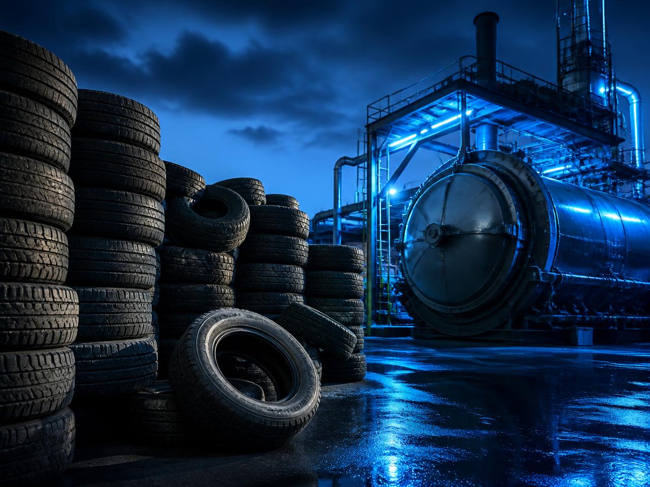 Stacked end-of-life tyres beside a whole-tyre pyrolysis reactor