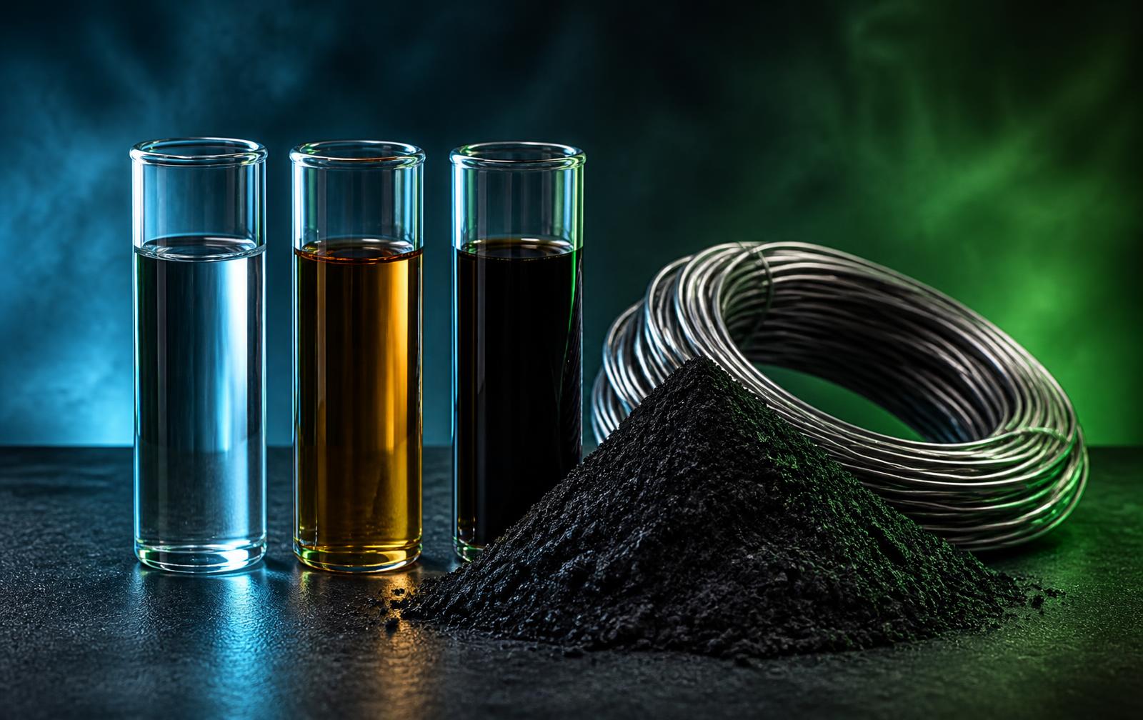 Sample cylinders of circular naphtha, diesel-range fuel and heavy fuel oil with recovered carbon black and steel wire